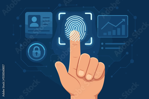 Fingerprint scanner for biometric authentication. Cybersecurity concept with touch ID for secure access, login and identity verification. Digital technology for data privacy.