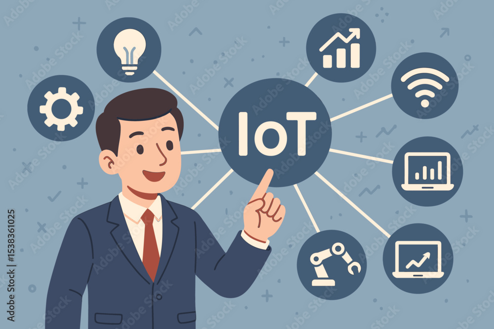 Businessman presenting the Internet of Things (IoT) concept. Man in suit pointing at a network diagram with smart technology icons for automation, data analytics, and connectivity. Businessman presenting the Internet of Things (IoT) concept. Man in suit pointing at a network diagram with smart technology icons for automation, data analytics, and connectivity.