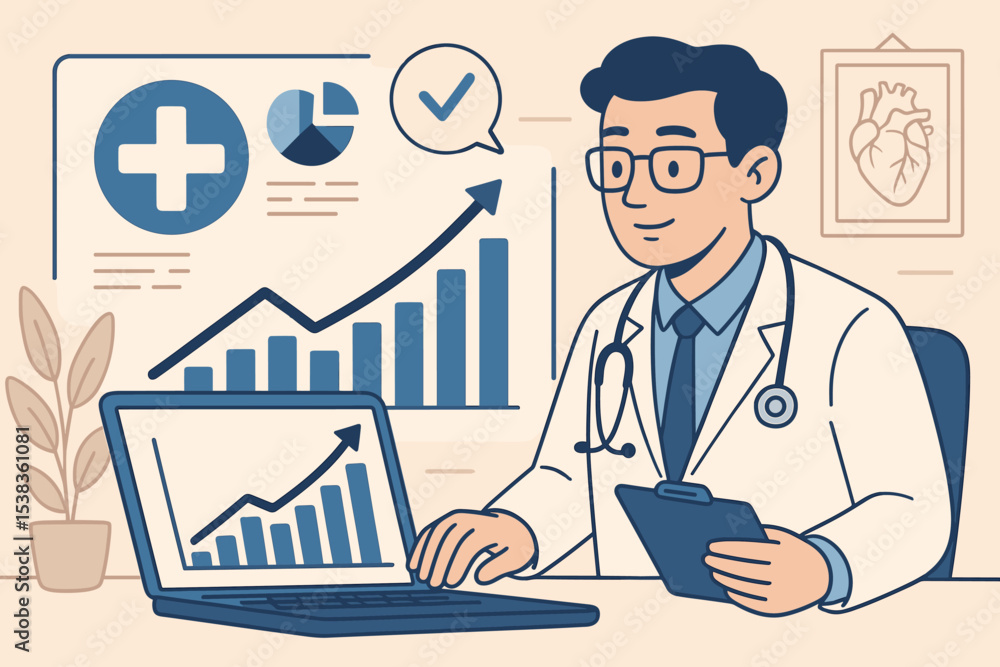 Healthcare data analysis concept with doctor at desk. Physician reviews medical statistics, charts, and graphs on a laptop. Hospital management, electronic health record, progress. Healthcare data analysis concept with doctor at desk. Physician reviews medical statistics, charts, and graphs on a laptop. Hospital management, electronic health record, progress.