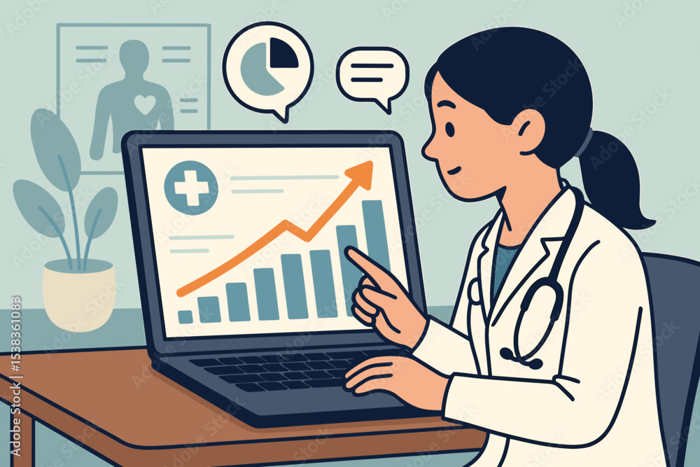 Healthcare data analysis concept with female doctor. Medical professional reviews patient statistics and charts on a laptop. Health tech, EMR, informatics, hospital report illustration. Healthcare data analysis concept with female doctor. Medical professional reviews patient statistics and charts on a laptop. Health tech, EMR, informatics, hospital report illustration.