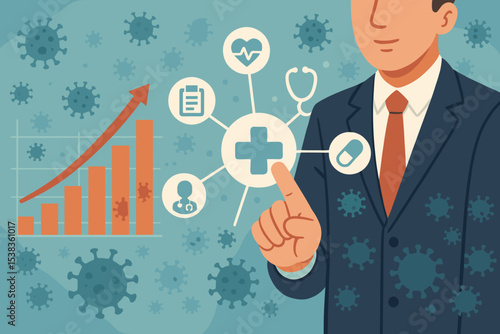 Healthcare industry growth and investment during pandemic. Businessman analyzes financial data chart. Vector concept with medical icons, doctor, pill, stethoscope, and virus cells.