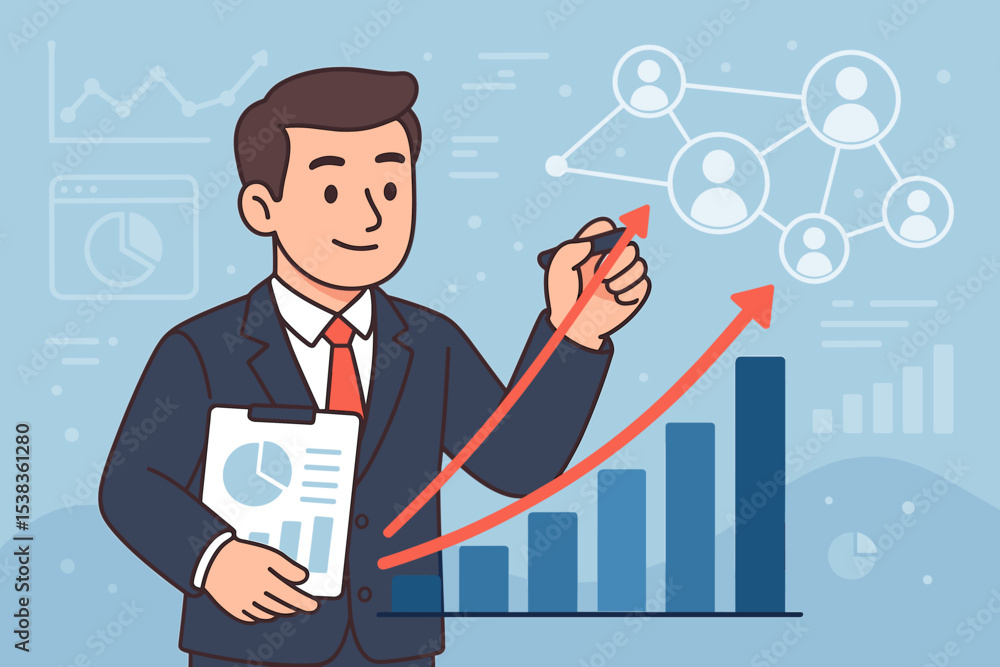 Businessman drawing rising arrow on graph for business growth analysis. Concept of financial report, marketing strategy, data visualization, and corporate success. Manager chart. Businessman drawing rising arrow on graph for business growth analysis. Concept of financial report, marketing strategy, data visualization, and corporate success. Manager chart.
