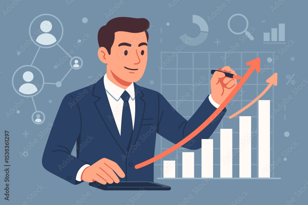 Businessman analyzing business growth chart. Financial data analysis concept. Manager drawing upward arrow on graph for success strategy and profit increase. Vector illustration. Businessman analyzing business growth chart. Financial data analysis concept. Manager drawing upward arrow on graph for success strategy and profit increase. Vector illustration.