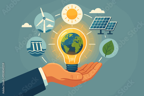Green energy and sustainability concept. Hand holds light bulb with planet Earth inside. Icons of renewable resources: solar panel, wind turbine, hydro power. Eco friendly innovation.