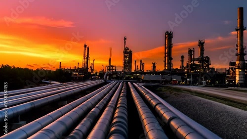 Industrial Pipeline Network in Refinery with Sunset Background