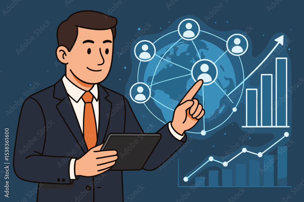 Global business strategy concept with businessman analyzing data on a tablet. Manager pointing at a worldwide network, representing market expansion, HR, and company growth. Global business strategy concept with businessman analyzing data on a tablet. Manager pointing at a worldwide network, representing market expansion, HR, and company growth.