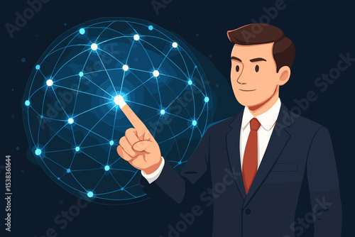 Businessman touching global network connection. Man in suit interacts with digital sphere. Technology, data and communication concept. Futuristic business and internet innovation.