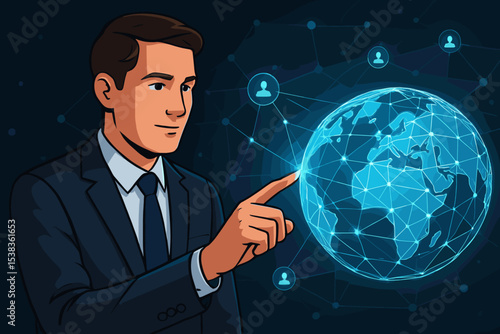 Businessman touching a glowing digital earth hologram. Global network connection, social media, and future technology concept. International business communication and data visualization.