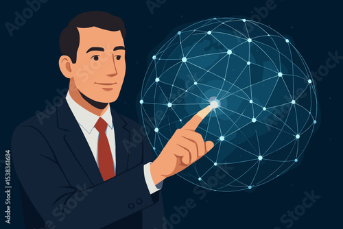 Businessman touching a glowing node on a digital global network. Future technology concept. International business communication, innovation, internet, and data connection. World sphere.