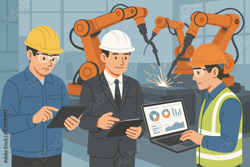 Engineers and manager supervising robotic arms in smart factory. Industry 4.0 concept with automated production line. Team analyzing data for quality control. Vector illustration.