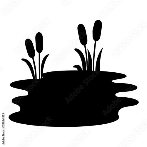 Black silhouette image of a pond with cattails growing along edges