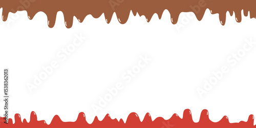 Melting fruit and chocolate ice cream texture. Vector realistic illustration of liquid sweet flow, brown and red paint splash, seamless dessert glaze border, creamy yogurt, choco frosting layer