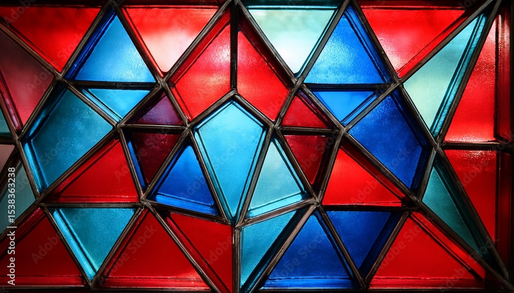 a stained glass window with red and blue triangular shapes a stained glass window with red and blue triangular shapes