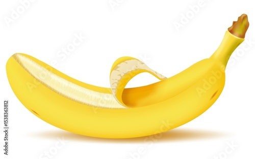 Banana. Ripe yellow tropical fruit. Partially opened, peeled. White background. Close-up. Stylized, realistic graphic. Used for packaging design, websites, marketing, food industry.