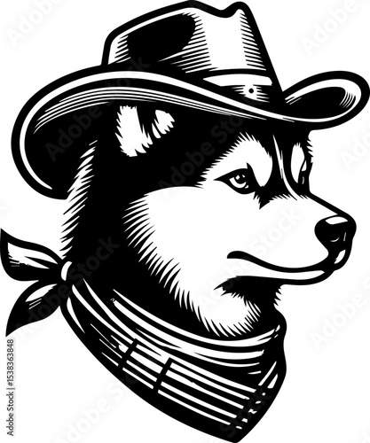 SVG Laika dog in a cowboy hat black and white vector file for printing, cutting