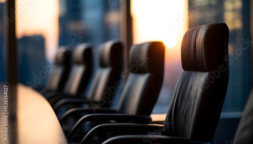 Empty conference room with black leather chairs facing a sunset skyline through large windows