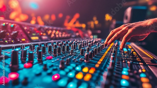 A hand adjusts a sound mixing console, bathed in vibrant stage lights