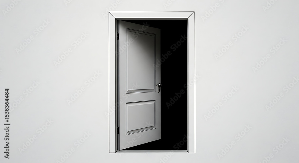 A slightly open white door set in a plain white wall, revealing complete and utter darkness within. This realistic 3D render creates a powerful, mysterious, and atmospheric scene A slightly open white door set in a plain white wall, revealing complete and utter darkness within. This realistic 3D render creates a powerful, mysterious, and atmospheric scene