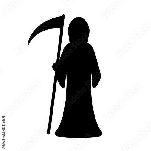 Silhouette of hooded grim reaper carrying a scythe standing on a white background