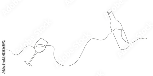 One line drawing of wine bottle and glass. Minimalist continuous line sketch of alcohol drink in elegant linear style. Simple doodle for bar, restaurant or wine label design.