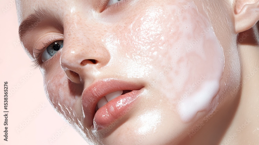 Fototapeta premium Close-up of foaming face cleanser on cheek, long glowing skin – perfect for skincare and cosmetic product ads