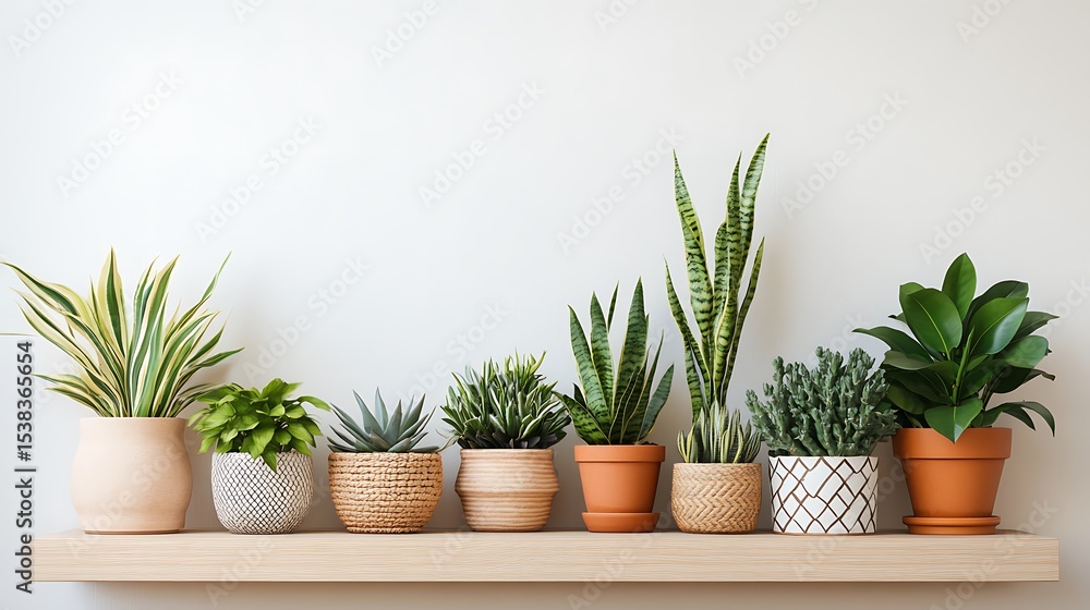 Assortment of potted houseplants displayed on a wooden shelf against a white wall Assortment of potted houseplants displayed on a wooden shelf against a white wall