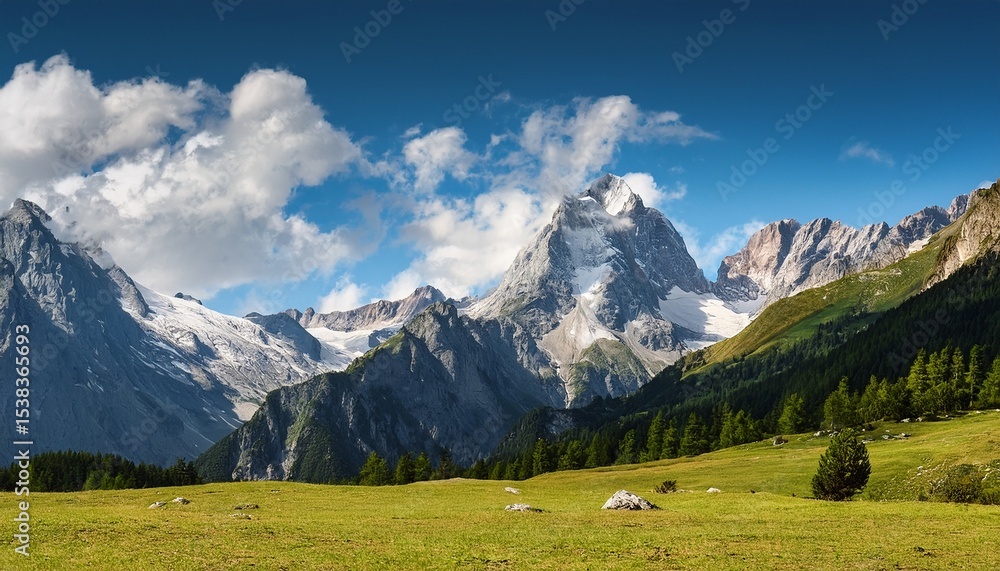 Fototapeta premium picturesque alpine landscape with high mountain peaks and green grass meadow against a blue cloudy sky
