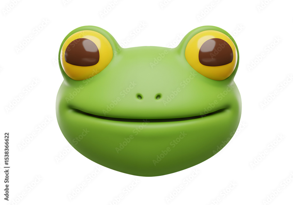 Fototapeta premium Expressive 3D Cartoon Frog Face with Giant Yellow Eyes Isolated on PNG Background,