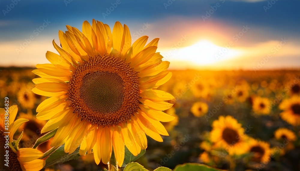 Obraz premium bright sunflower in focus against a blurred field of blooming sunflowers under warm sunlight a symbol of summer joy and agriculture