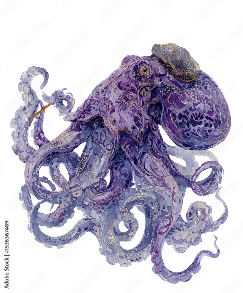 Obraz premium Detailed watercolor painting of a fantastical octopus with intricate patterns.