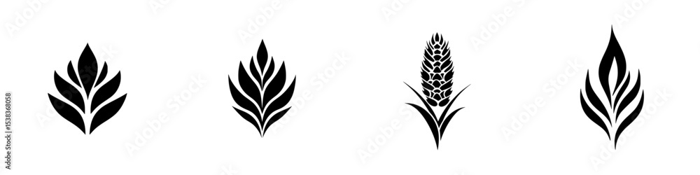 Stylized black icons depicting various plant shapes suitable for logo design or decorative use in modern art Stylized black icons depicting various plant shapes suitable for logo design or decorative use in modern art