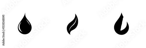 Icons representing water, fire, and earth elements in minimalist black design