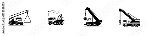 Set of black construction icons depicting various crane types and their activities for use in design or educational materials