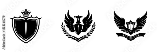 Set of black icons featuring shield and eagle designs representing protection and strength with versatile applications