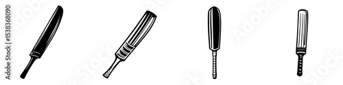 Set of four black cricket bats displayed in a minimalist style for design or illustration purposes