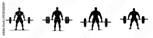 Silhouette of a strongman lifting weights in a minimalistic black icon style illustrating various weightlifting poses