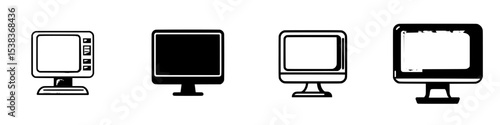 Set of four black icons depicting vintage and modern computer monitors in various styles and designs showing different screen states