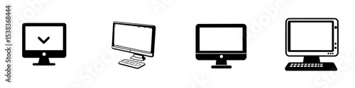 Collection of black icons depicting various computer monitors in minimalist design suitable for digital interface applications