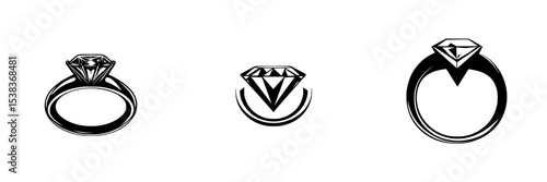Set of black icons depicting diamond ring designs for jewelry and fashion illustrations
