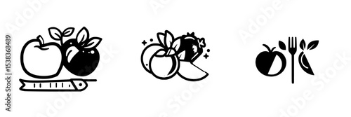 Fruit icons featuring apples, oranges, and peaches with measurement and utensils elements for dietary visuals