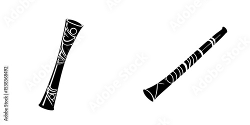 Historic black icon featuring two traditional wind instruments from different cultures displayed side by side