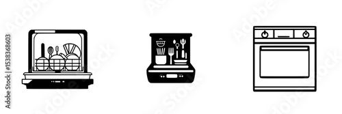 Set of black kitchen appliance icons showcasing a dishwasher, a dish dryer, and an oven for modern home design