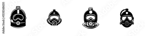 Variety of black scuba diving helmets displayed in a stylish arrangement for underwater exploration