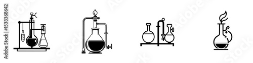 Black laboratory icons showcasing various scientific glassware and equipment designs for educational and professional use