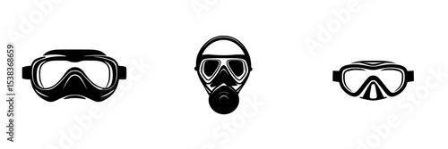 Black icons depicting various types of scuba diving masks and a bearded diver?s face design for aquatic adventures