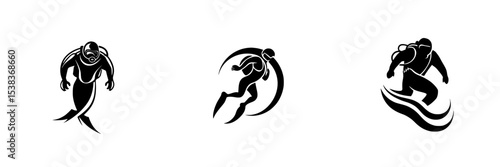 Black icons of underwater divers and swimmers showcasing different aquatic activities in a minimalist design