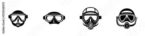 Set of four black icons representing different types of diving masks and breathing apparatus used in underwater activities
