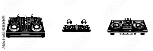 Black DJ equipment icons featuring mixers and headphones for electronic music setup