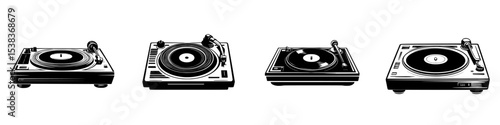 Black icon set of turntables showcasing various styles and designs for music and DJ culture