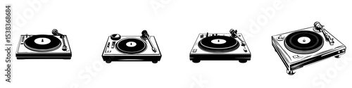 Set of four black turntables arranged in a line showcasing different styles and designs for enthusiasts and collectors